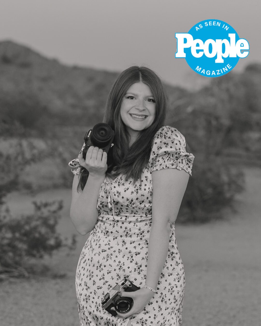 Malachi Westbrook poses with two cameras amongst a desert landscape in black and white. At the top right of the photo is the People magazine logo.
